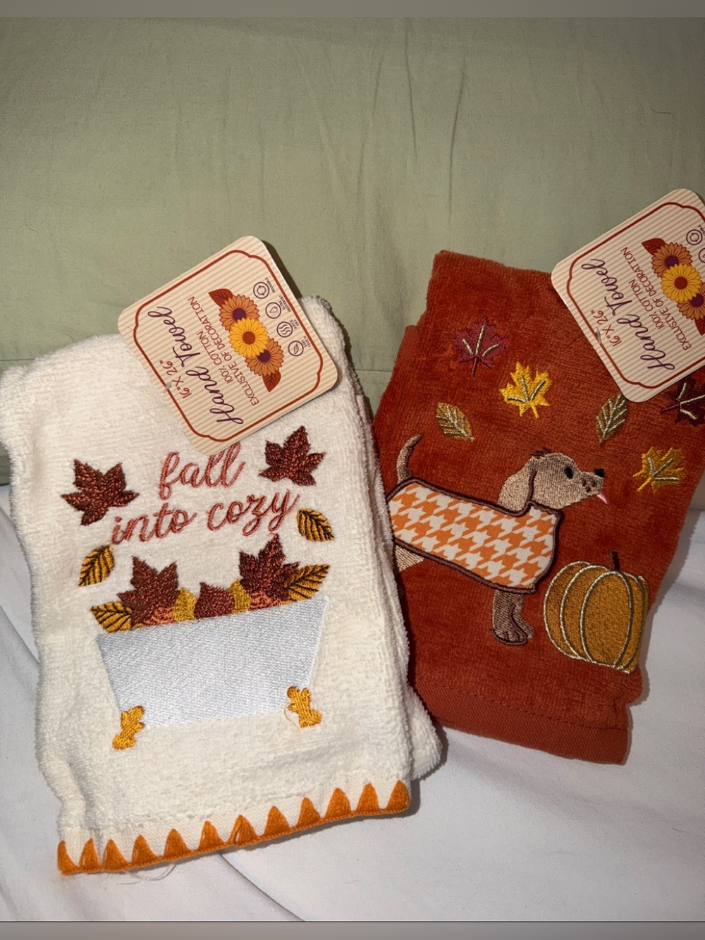 2 Autumn Cozy Fall Kitchen/Bath Towels - White & Rust Fall Colors!
